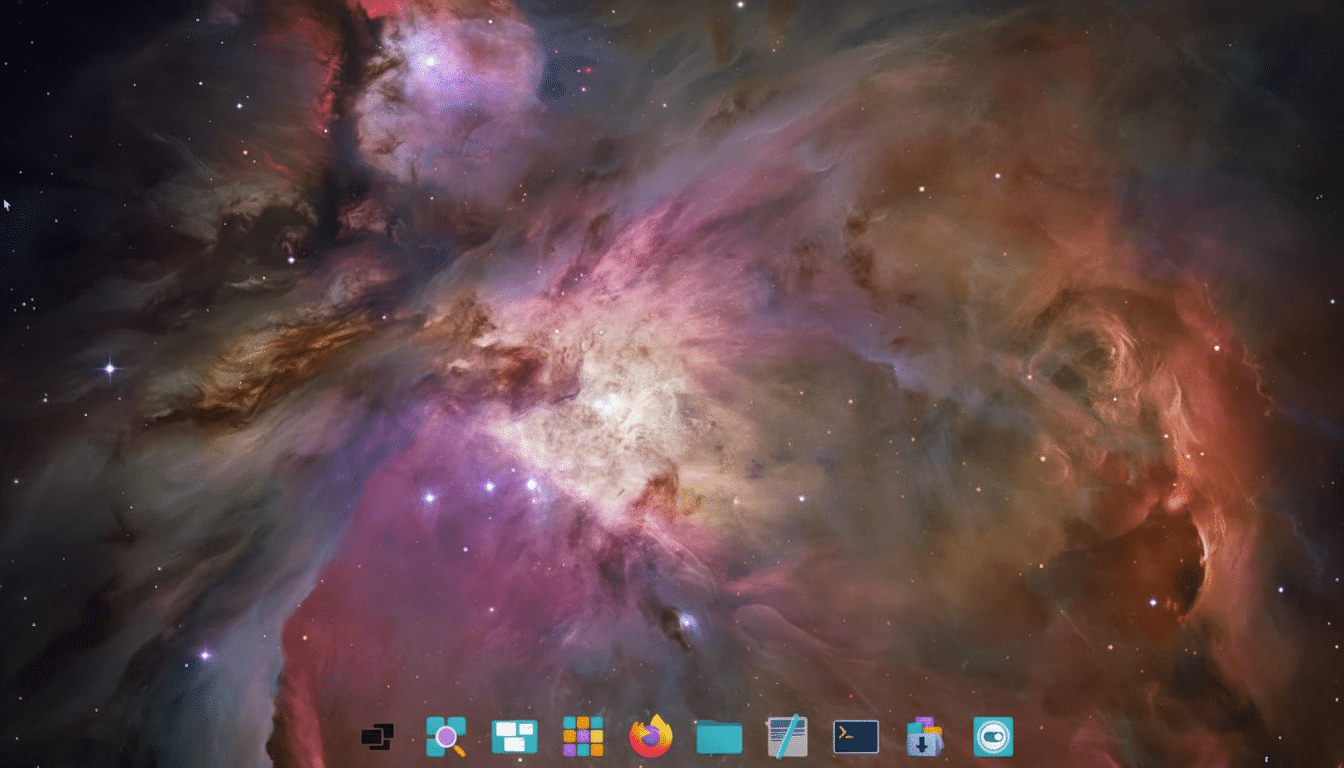 A desktop screenshot featuring a cosmic nebula wallpaper and a dock of application icons at the bottom.