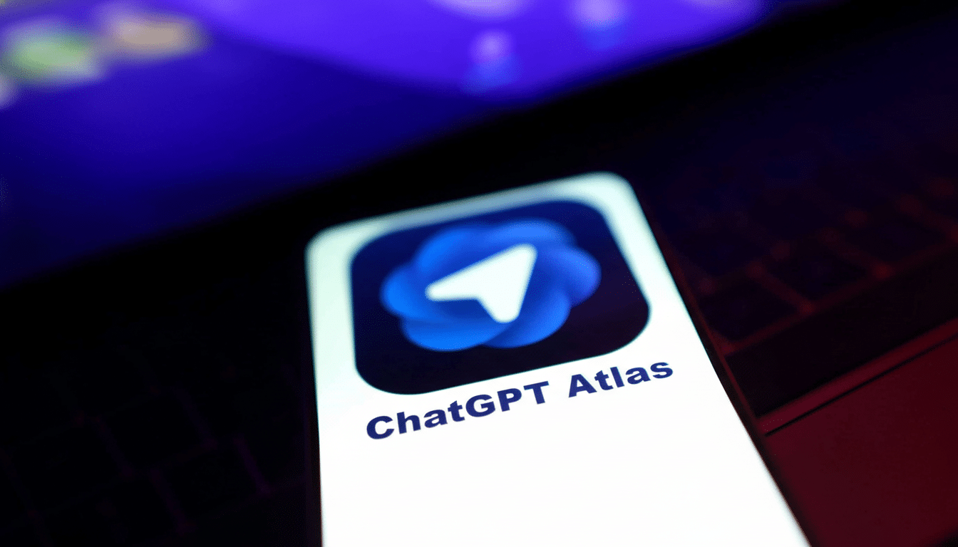 The  ChatGPT Atlas app icon displayed on a smartphone screen , featuring a blue circular logo with a white paper plane design .