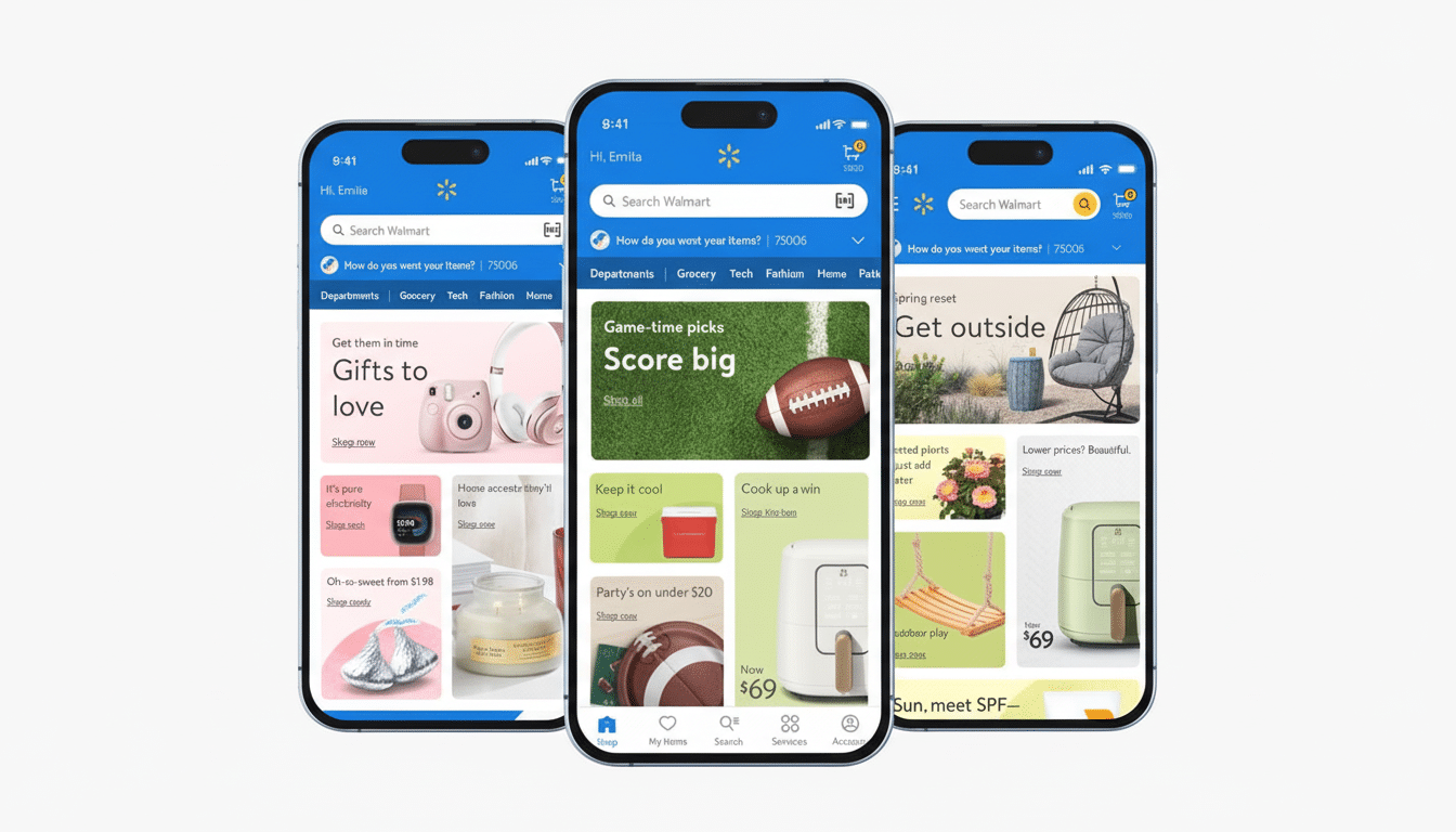 Three smartphones displaying the Walmart app' s interface , showcasing different product categories and deals .