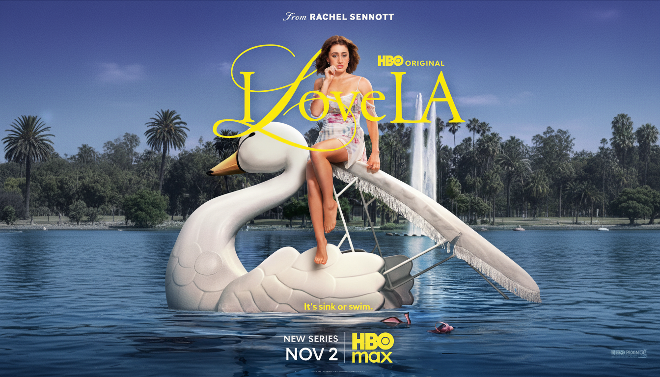 A movie poster for Love LA featuring Rachel Sennott sitting on a large swan float in a body of water, with palm trees and a fountain in the background. The poster has a 16:9 aspect ratio.
