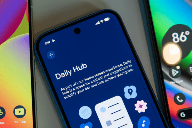 A close- up shot of three smartphones , with the central phone displaying the Daily Hub interface . The screen shows text explaining Daily Hub' s purpose as a space for content, suggestions, and simplification , along with several stylized icons at the bottom. The phones on either side show colorful home screens with various app icons. Filename : dailyhub smartphonedisplay . png