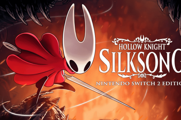 A promotional image for Hollow Knight Silksong, featuring the character Hornet in her iconic red cloak, with the games title and Nintendo Switch 2 Edi