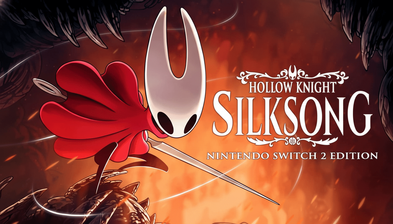 A promotional image for Hollow Knight Silksong, featuring the character Hornet in her iconic red cloak, with the games title and Nintendo Switch 2 Edi