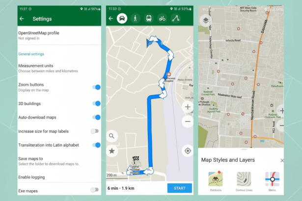 Three mobile phone screens displaying navigation and settings features of an Open StreetMap application , set against a subtle green gradient background. The leftmost screen shows a Settings menu with options like Measurement units and Zoom buttons. The middle screen displays a detailed map route with a blue path and a car icon. The rightmost screen shows a broader map view with Map Styles and Layers options at the bottom.