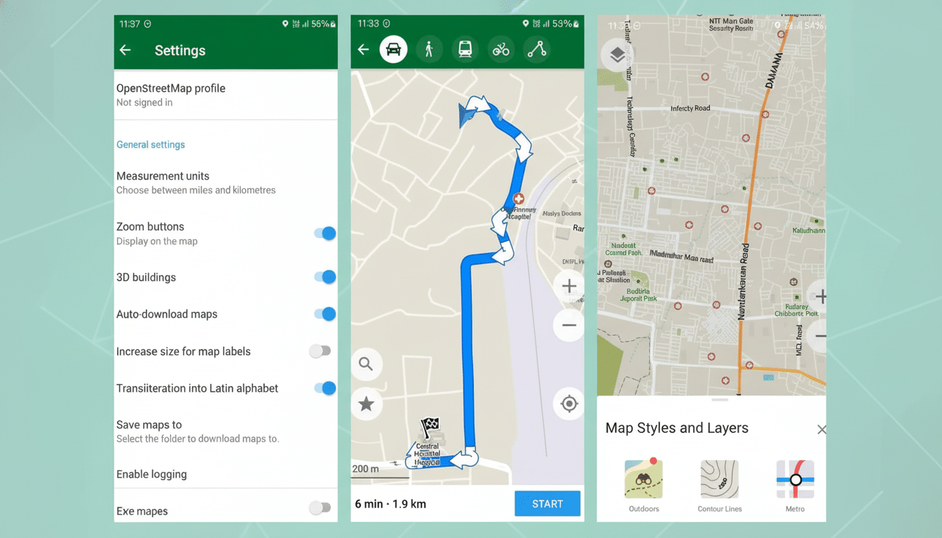 Three mobile phone screens displaying navigation and settings features of an Open StreetMap application , set against a subtle green gradient background. The leftmost screen shows a Settings menu with options like Measurement units and Zoom buttons. The middle screen displays a detailed map route with a blue path and a car icon. The rightmost screen shows a broader map view with Map Styles and Layers options at the bottom.