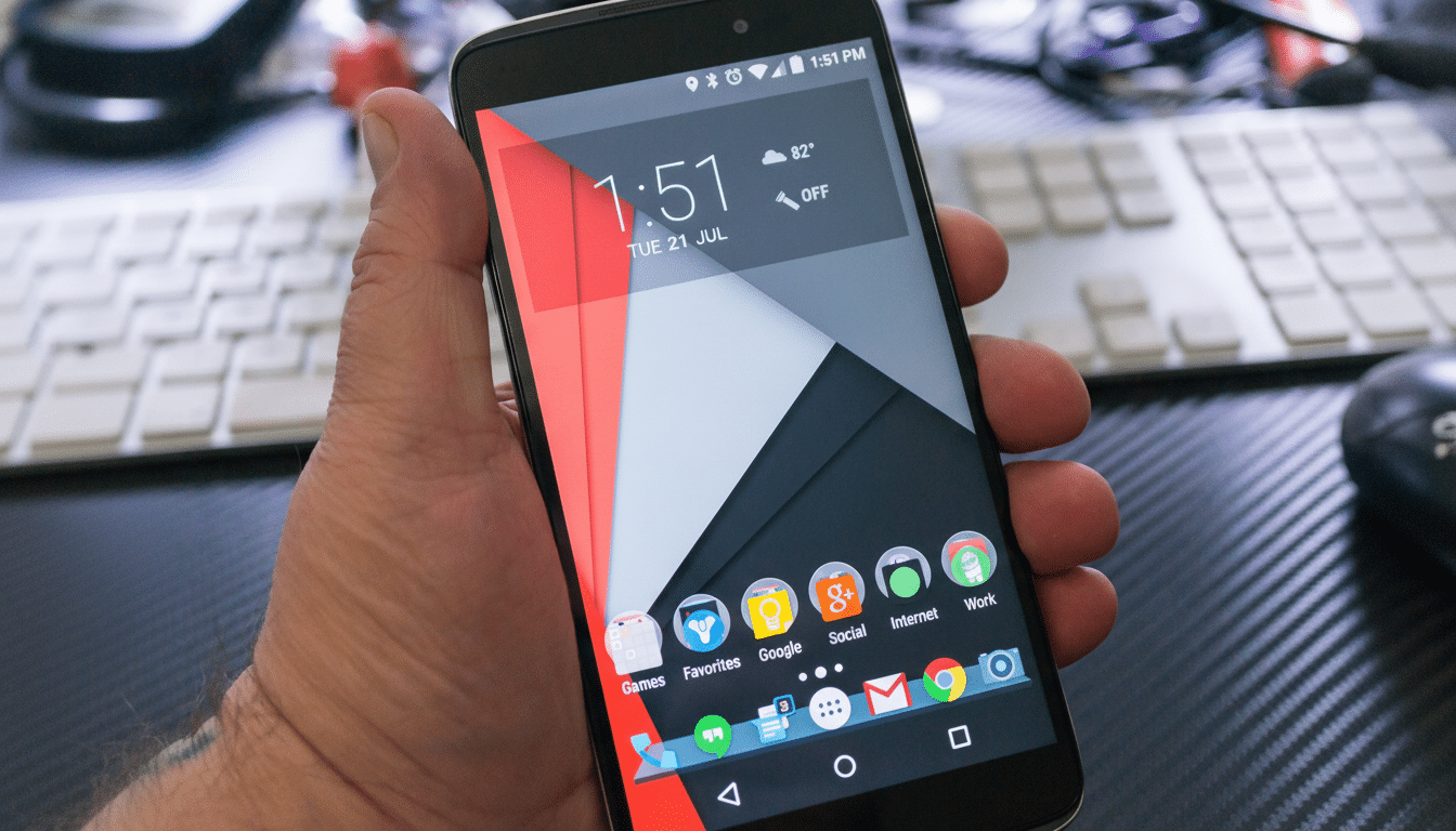 A hand holding a smartphone displaying the home screen with various app icons, resized to a 1 6:9 aspect ratio.