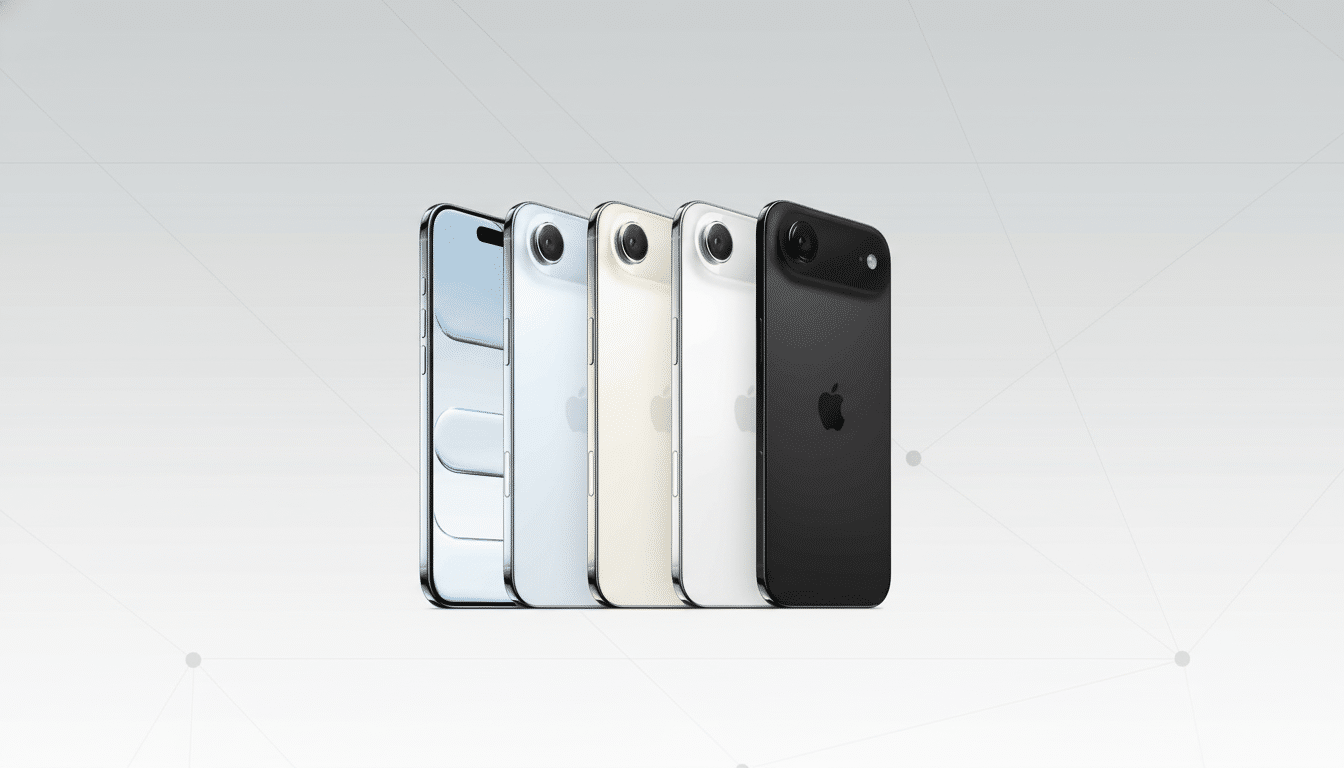 Five iPhones in various colors ( blue, light blue, gold, white, and black) are arranged in a row with a professional flat design background.