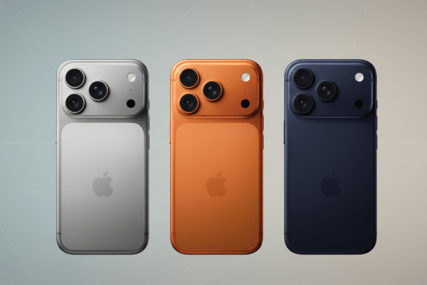 alt = Three iPhone 15 models in silver, orange, and blue colors , arranged side- by-side on a subtl