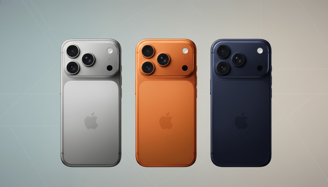 alt = Three iPhone 15 models in silver, orange, and blue colors , arranged side- by-side on a subtl