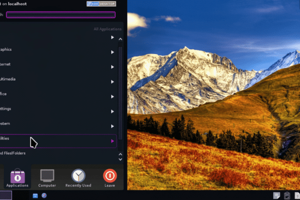 Screenshot of a KDE Plasma desktop environment showing the application launcher open with Utilities highlighted , set against a mountain landscape wallpaper .