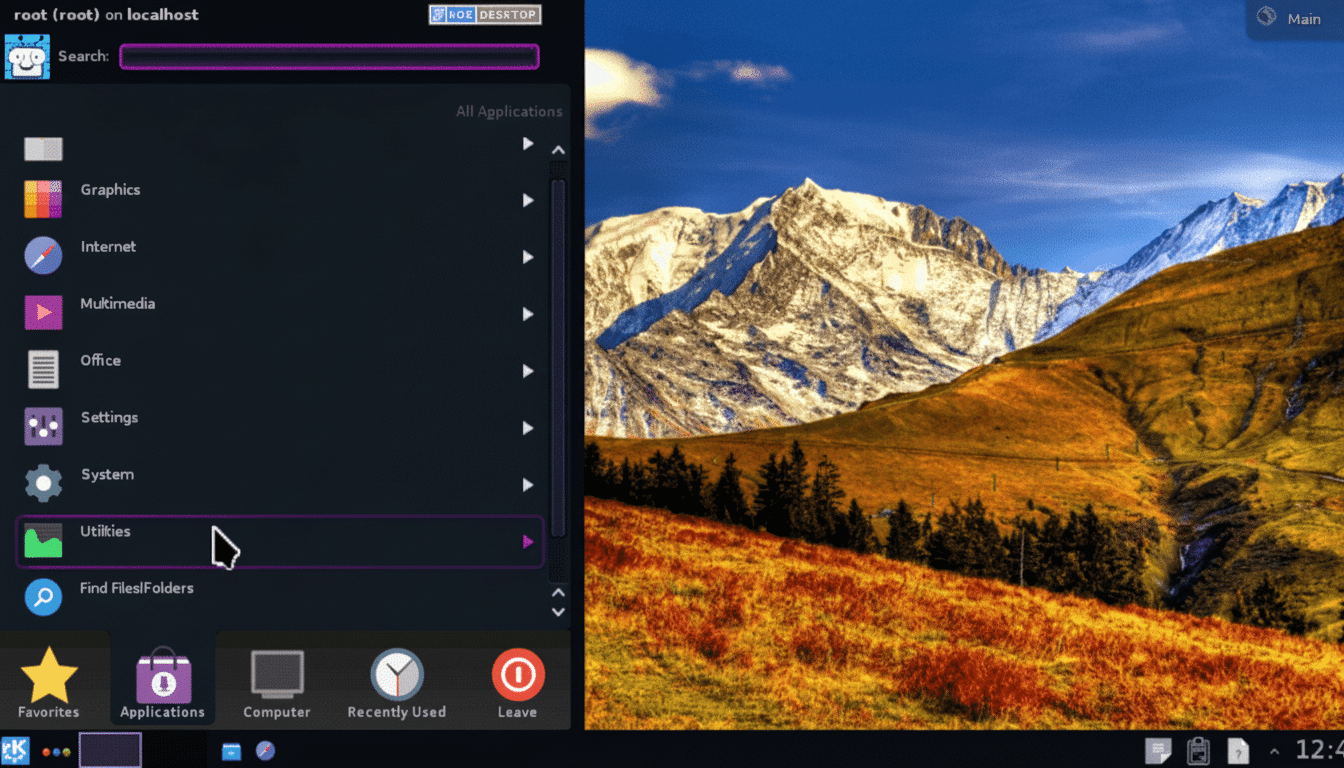 Screenshot of a KDE Plasma desktop environment showing the application launcher open with Utilities highlighted , set against a mountain landscape wallpaper .