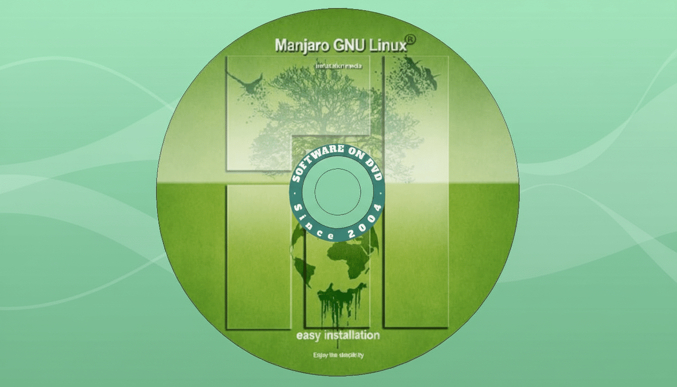 A Manjaro GNU Linux software DVD with a green, professionally enhanced background at a 16 :9 aspect ratio .