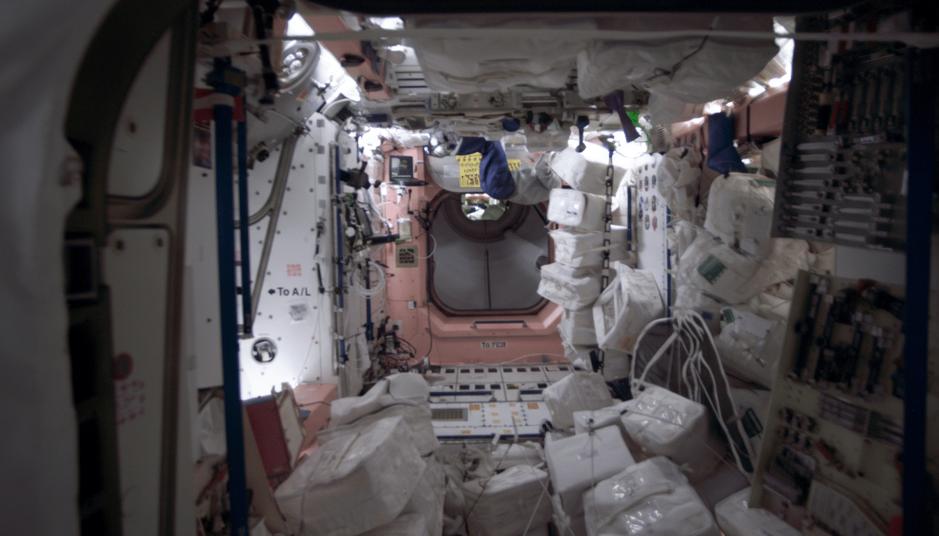 The interior of the International Space Station' s module , filled with equipment , storage bags, and scientific instruments, resized to a 1 6:9 aspect ratio. Filename : issinterior module 16x 9. png