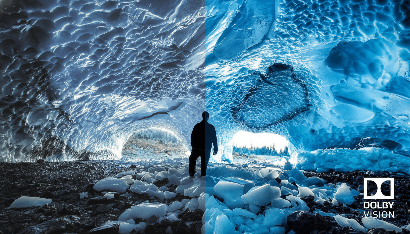 A man standing in an ice cave, with the left side showing a darker, less vibrant image and the right side showing the same scene with enhanced, brighter blue tones, demonstrating Dolby Vision technology.