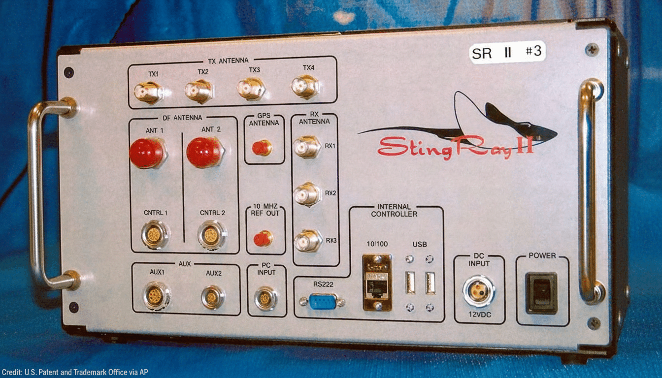 The Sting Ray II radio, a signal intelligence device , has been resized to a 1 6:9 aspect ratio. The front panel features various antenna ports, control inputs, data ports including USB and RS2 32, and a power input , along with the Sting Ray II logo depicting a stylized ray . The original background is maintained .