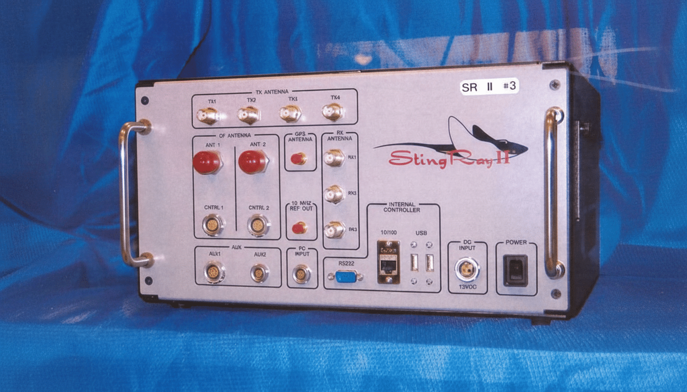 A Sting Ray II device with various ports, antennas, and controls , professionally presented in a 16:9 aspect ratio.