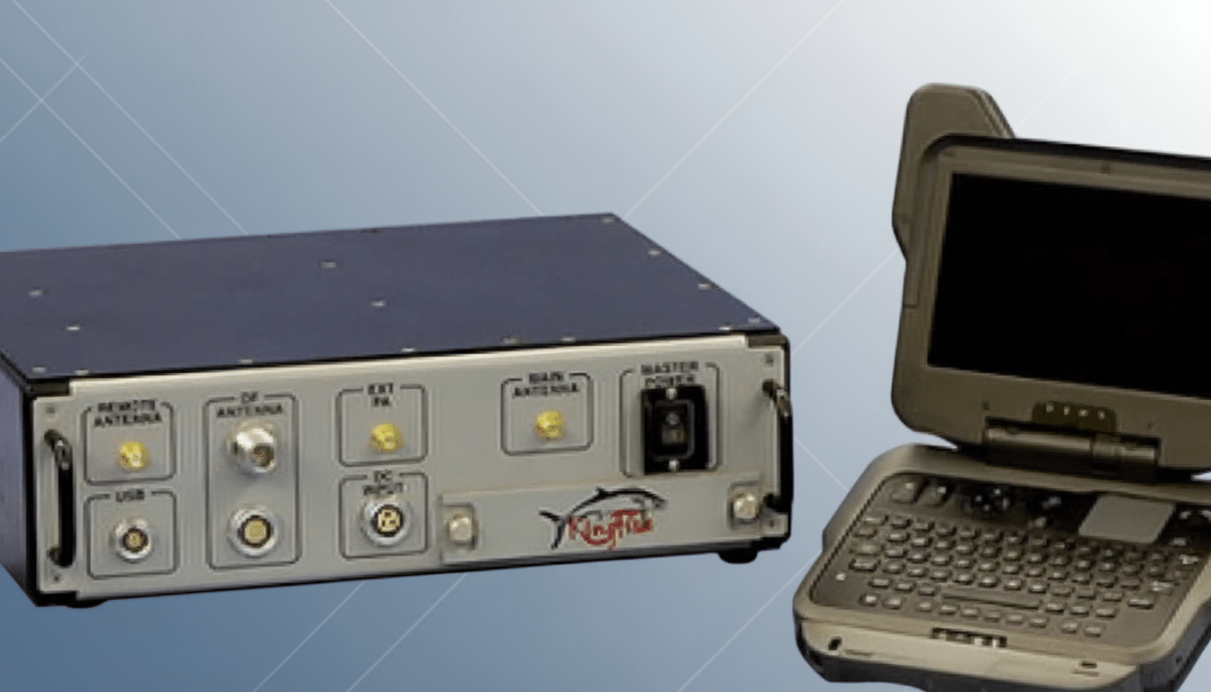 A professional 16: 9 aspect ratio image of a black and silver electronic device with various ports and connectors, labeled Kingfish, next to a small,