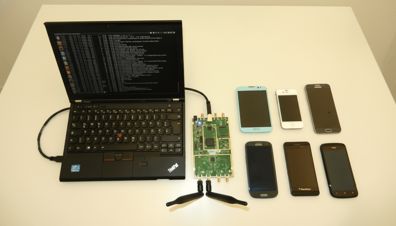 A top -down shot of a black laptop displaying code, connected to a green circuit board with antennas, alongside a row of six various smartphones on a