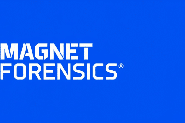 The Magnet Forensics logo , featuring MAGNET FORENSICS in bold white sans-serif font, with a registered trademark symbol , on a vibrant blue background, resized to a 16: 9 aspect ratio.