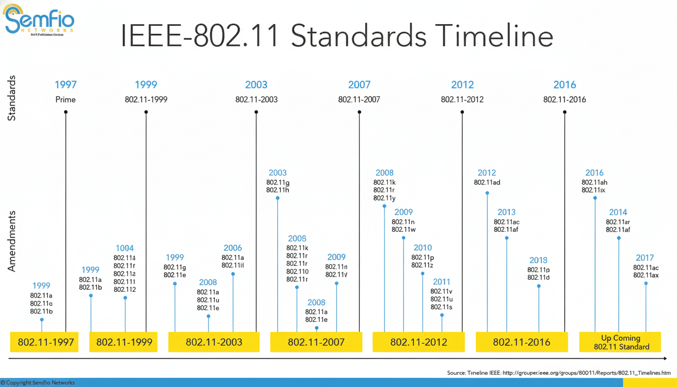 An IEEE 80 2.11 Standards Timeline showing the evolution of Wi -Fi standards and their amendments from 1997 to 20 16, with an Up Coming section for fu