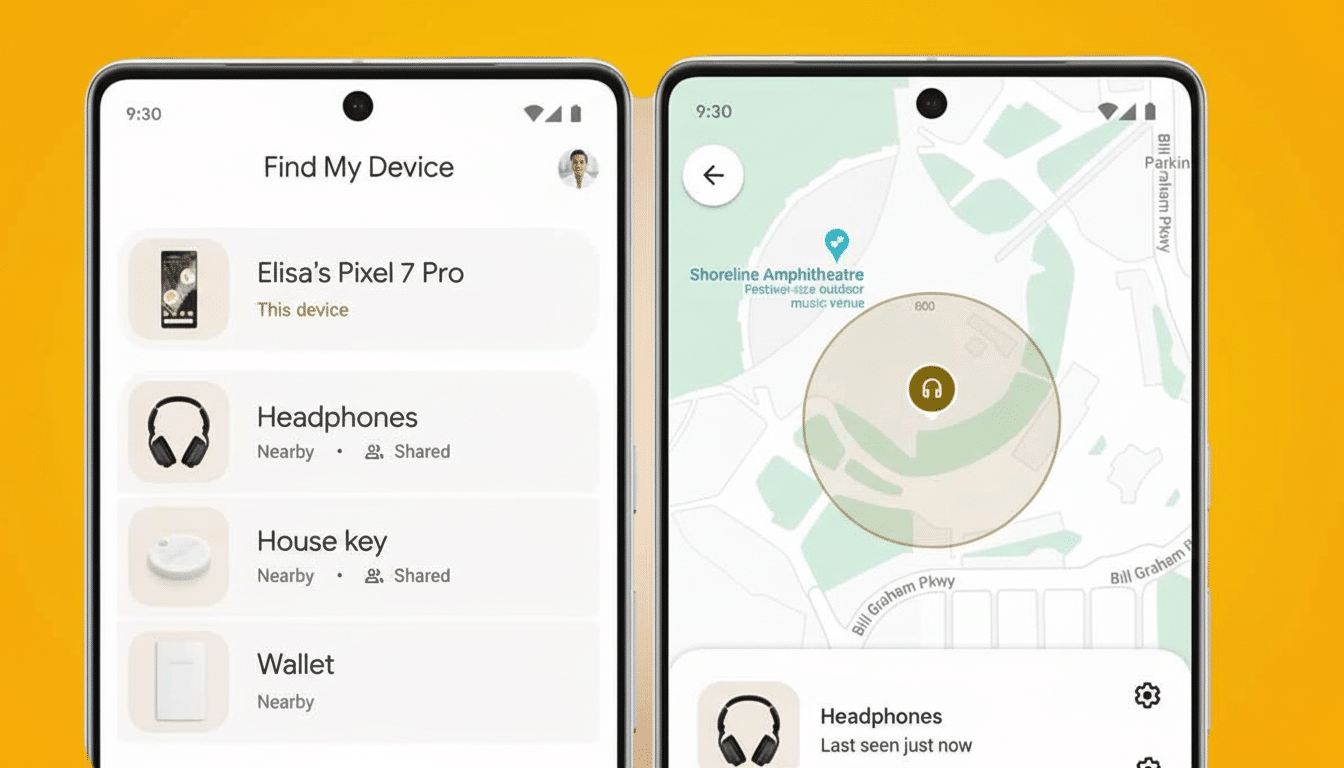 A 16: 9 aspect ratio image of two smartphones displaying the Find My Device app, with one screen showing a list of devices and the other showing a map