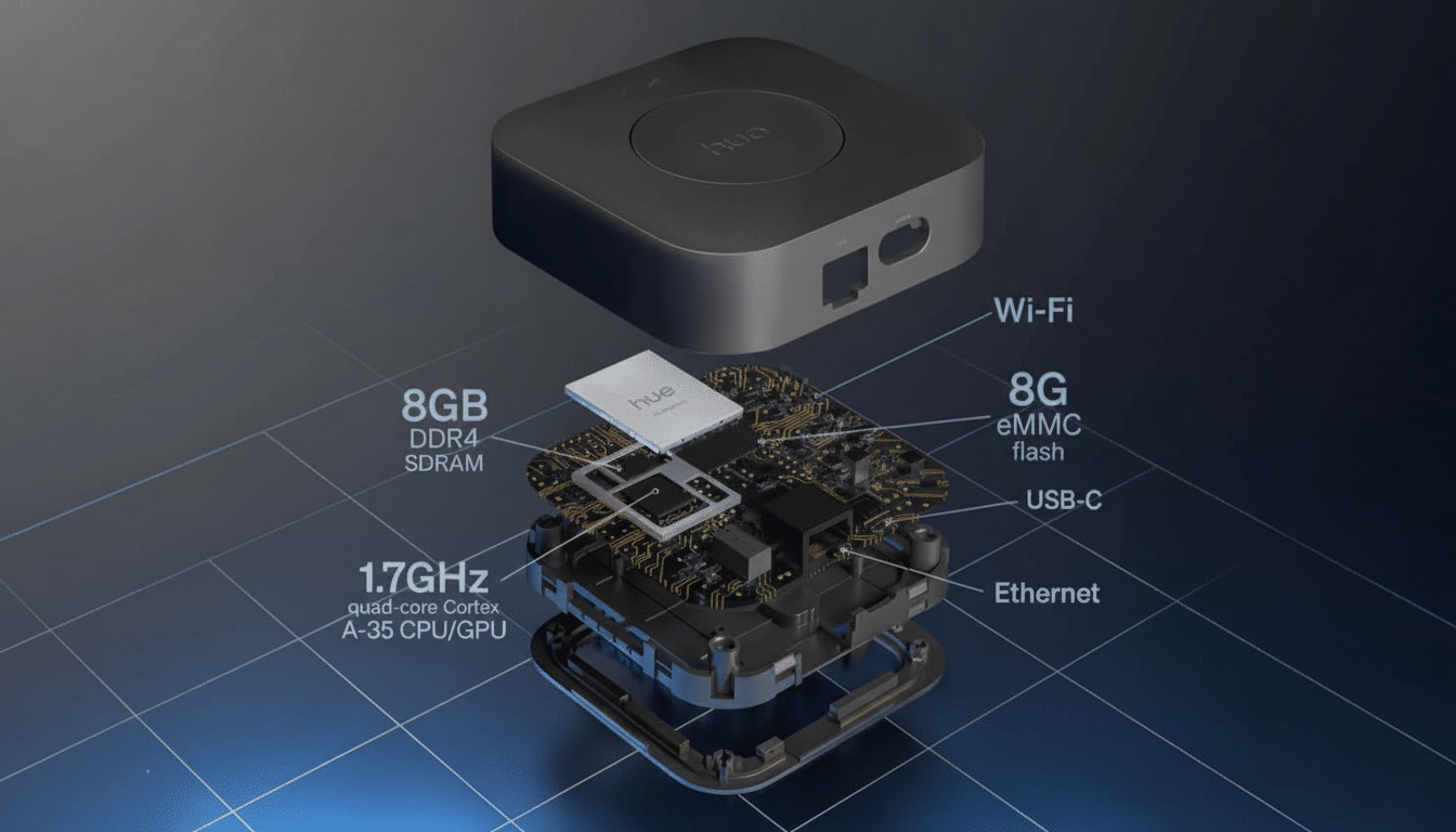 An exploded view of a smart home hub, revealing its internal components and specifications like Wi-Fi, 8GB DDR 4 SDRAM, 1.7GHz quad -core CPU/ GPU, 8