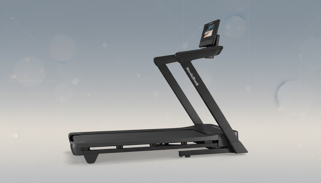 A black NordicTrack treadmill with a digital display, presented on a professional flat design background with soft patterns and gradients.