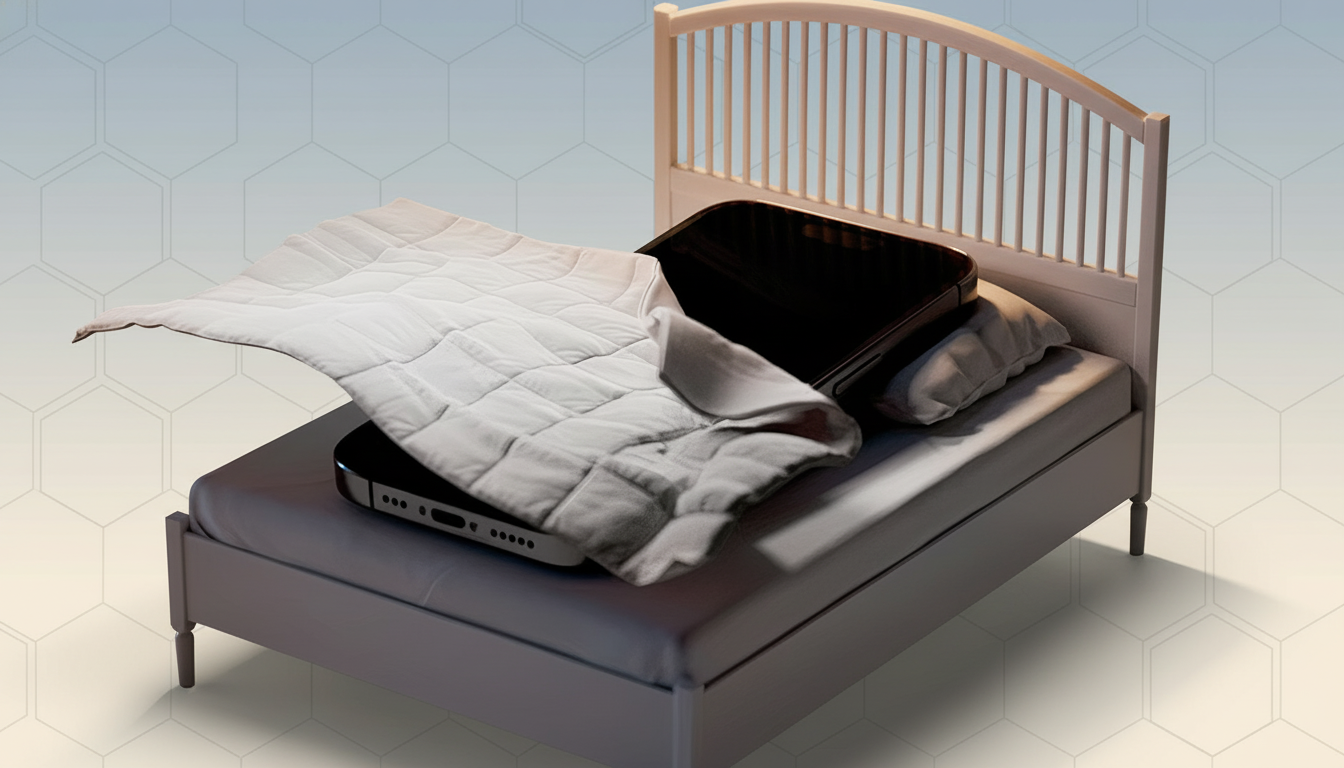 A large smartphone lying on a miniature bed with a white comforter, set against a professional flat design background with soft patterns.