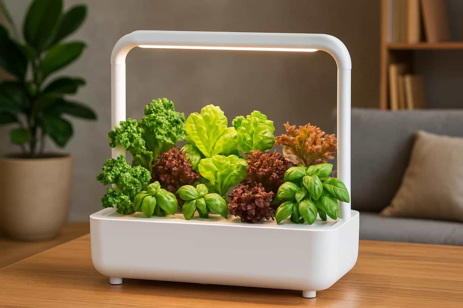 Smart indoor garden system with 16 plant pods under LED grow lights