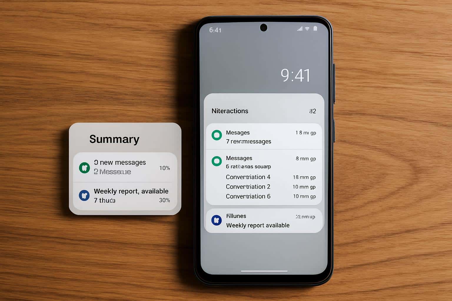Samsung Galaxy screen showing iOS‑like notification summaries in testing