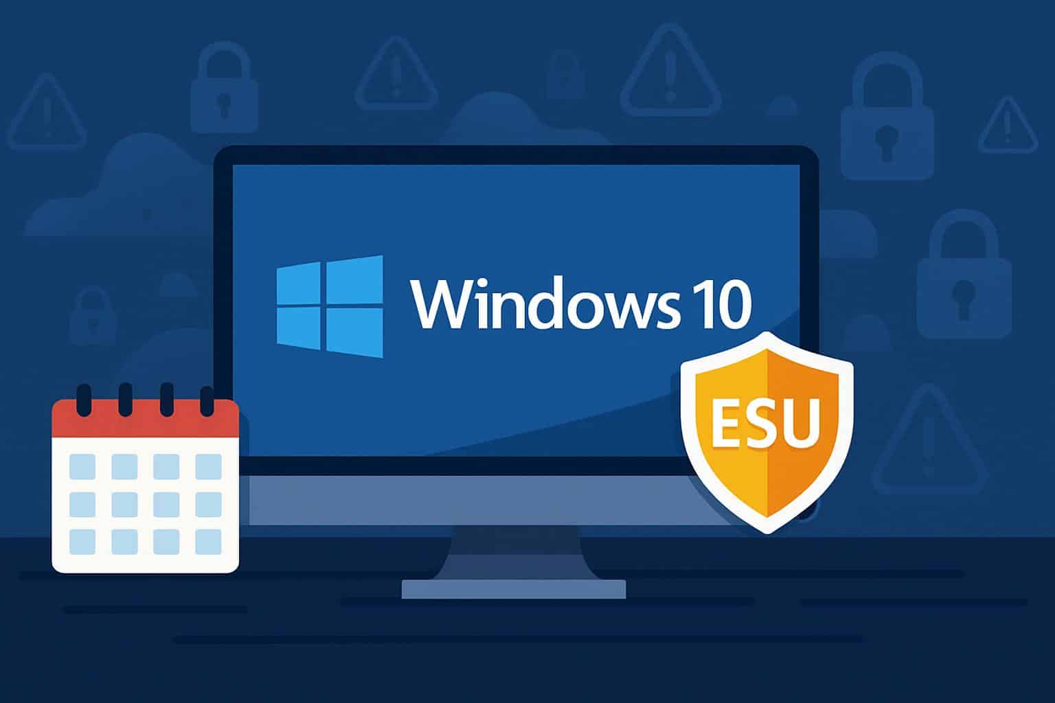 Windows 10 logo with ESU shield, showing free Extended Security Updates to stay on Windows 10