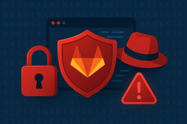 Red Hat and GitLab logos with cybersecurity breach alert for customers