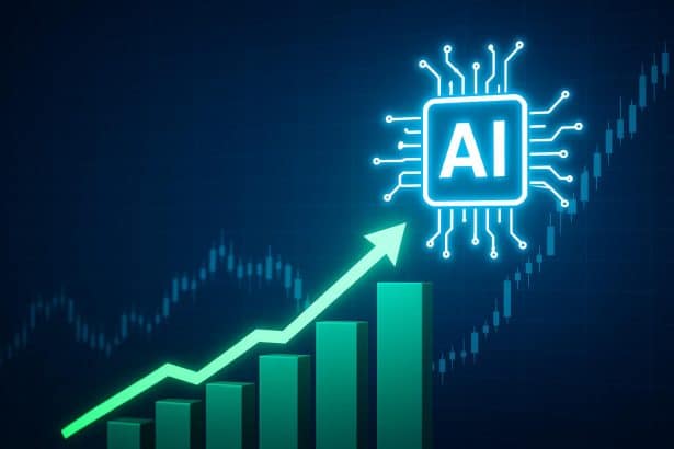 AI chip over rising stock chart highlights winners among enterprise software stocks