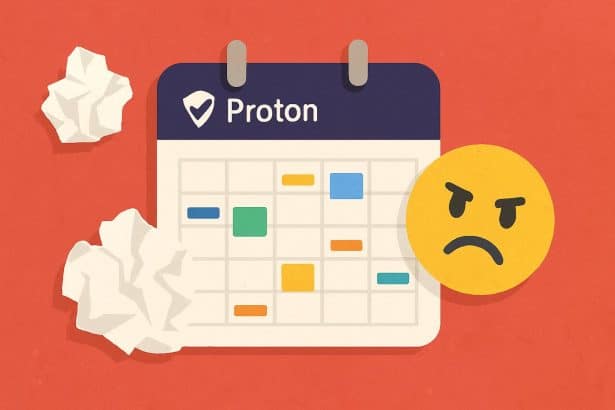 Proton Calendar app interface with cluttered events and confusing settings