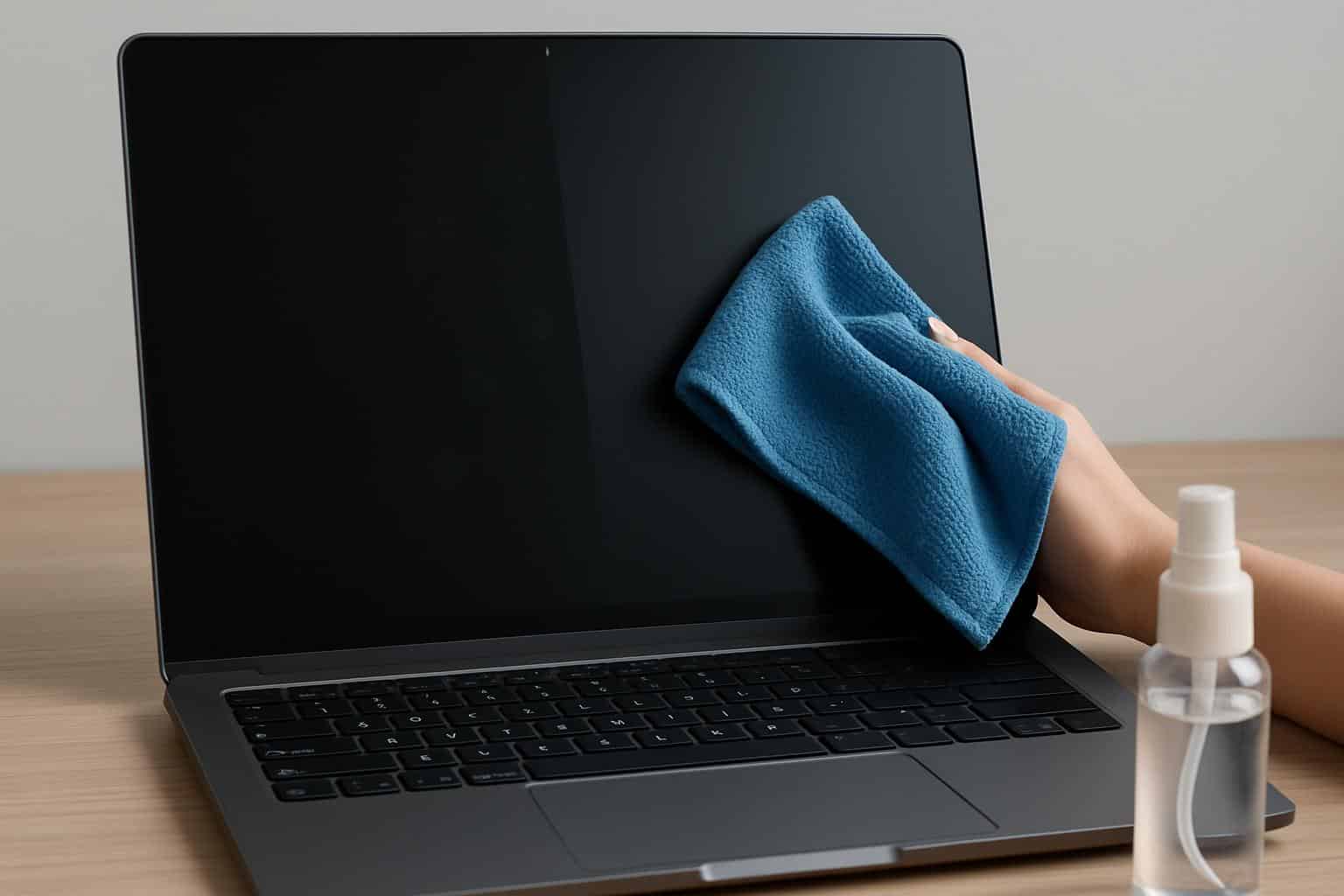 Cleaning a laptop screen safely with a microfiber cloth to avoid damage.