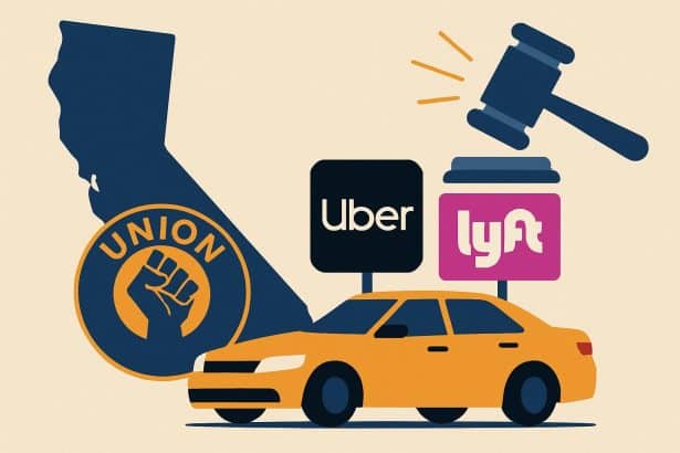 Uber and Lyft app logos with California flag, marking drivers' union rights approval