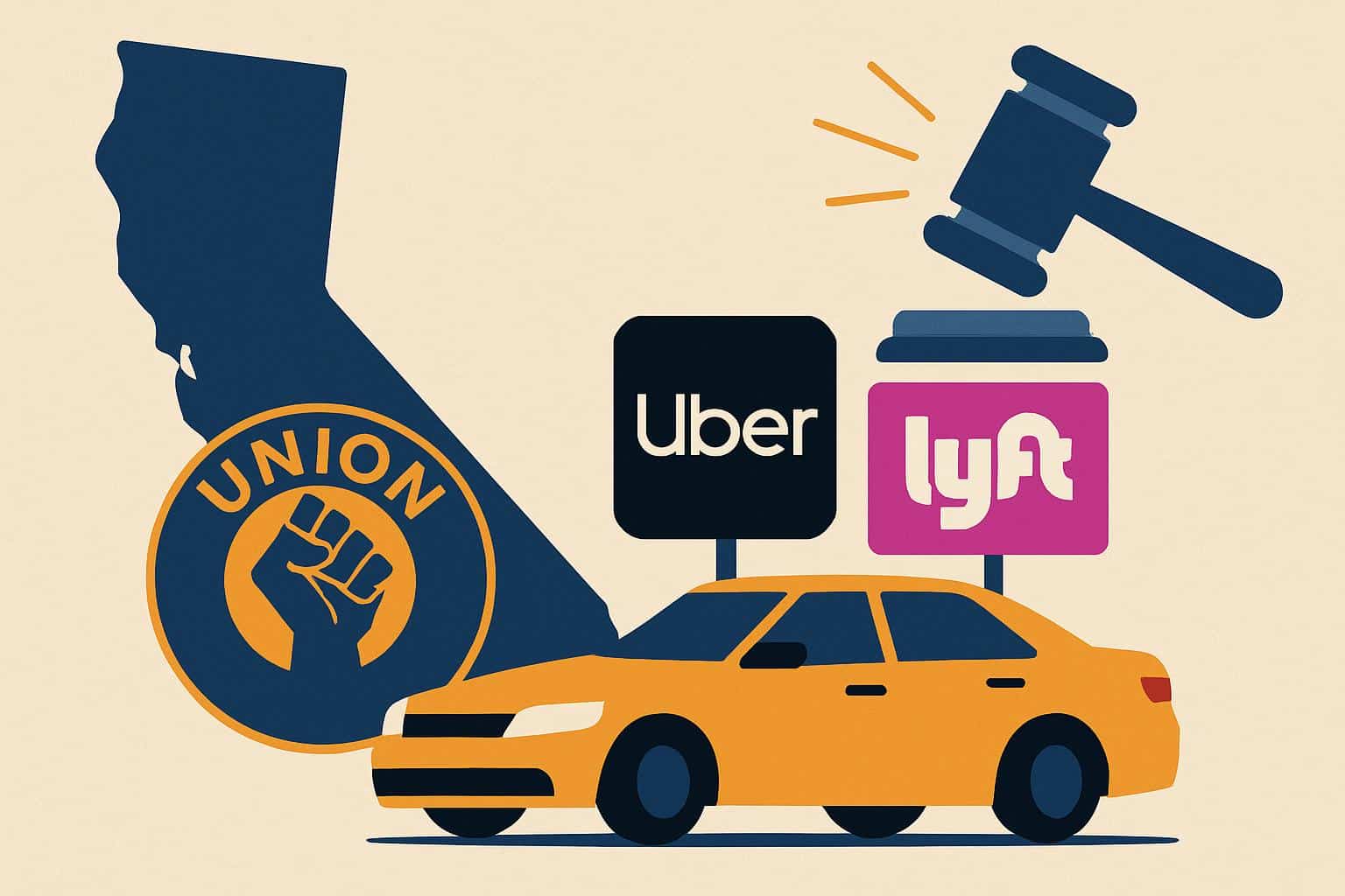 Uber and Lyft app logos with California flag, marking drivers' union rights approval