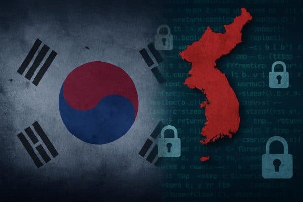 South Korea map with code and warning icons, showing monthly breaches straining cyber defense