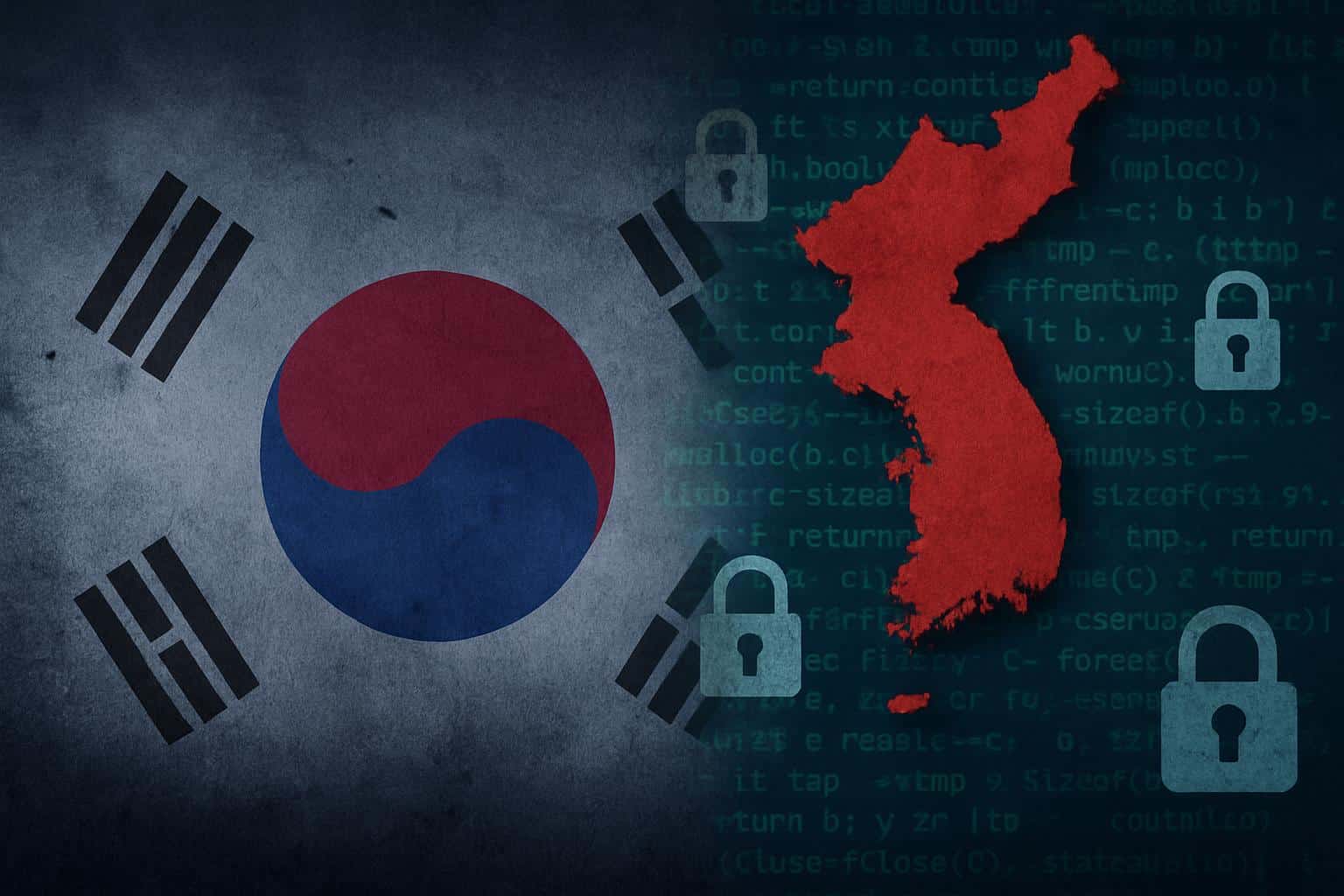 South Korea map with code and warning icons, showing monthly breaches straining cyber defense