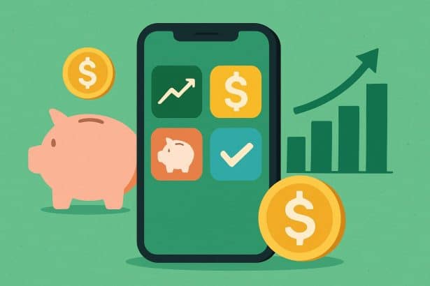 Smartphone displaying five budgeting apps to reach money goals