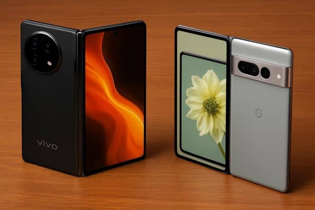 Vivo X Fold 5 beside Pixel 10 Pro Fold, showcasing design and unfolded screens