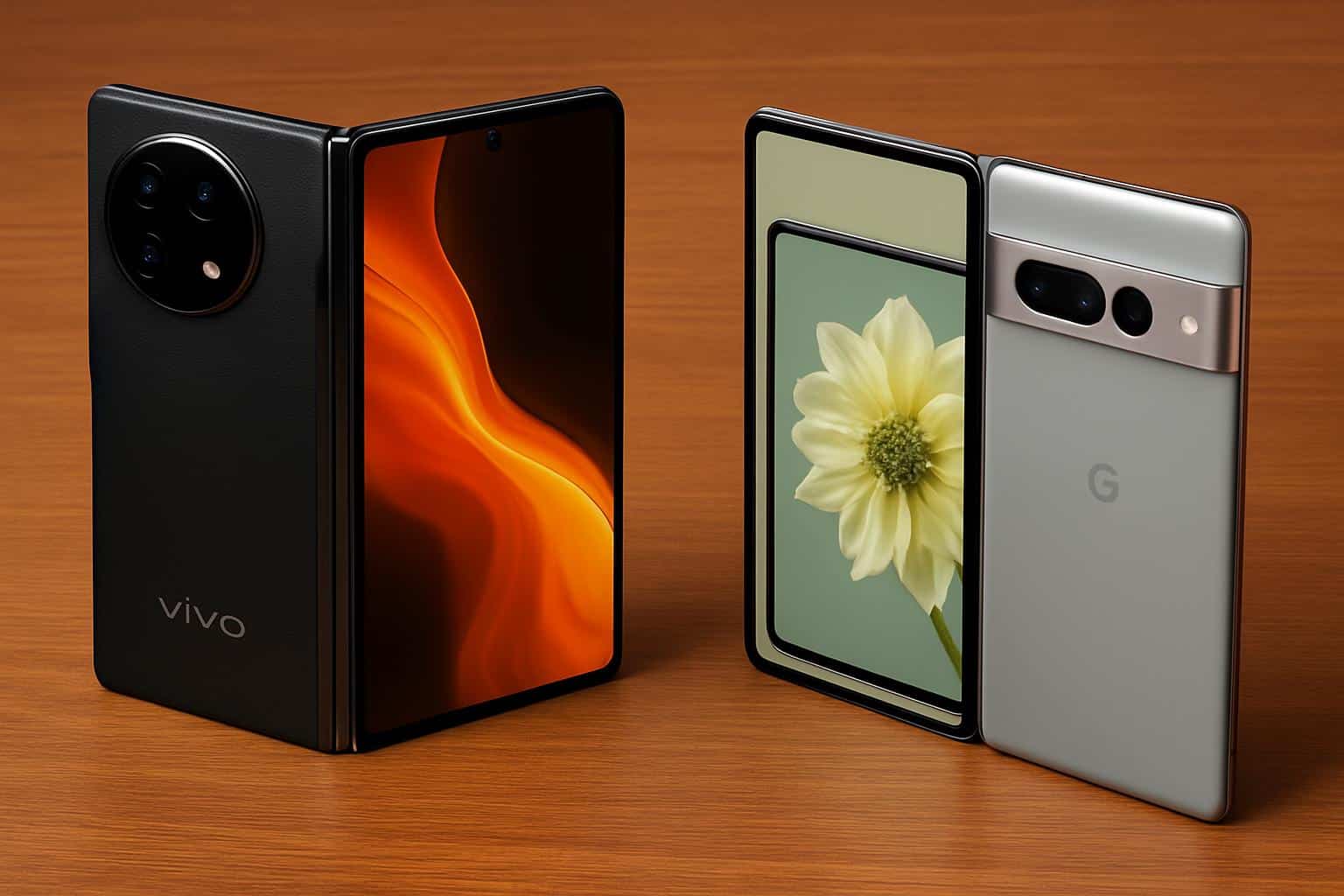 Vivo X Fold 5 beside Pixel 10 Pro Fold, showcasing design and unfolded screens