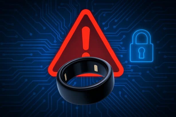 Samsung Galaxy Ring with warning icon highlighting smart ring security vulnerability
