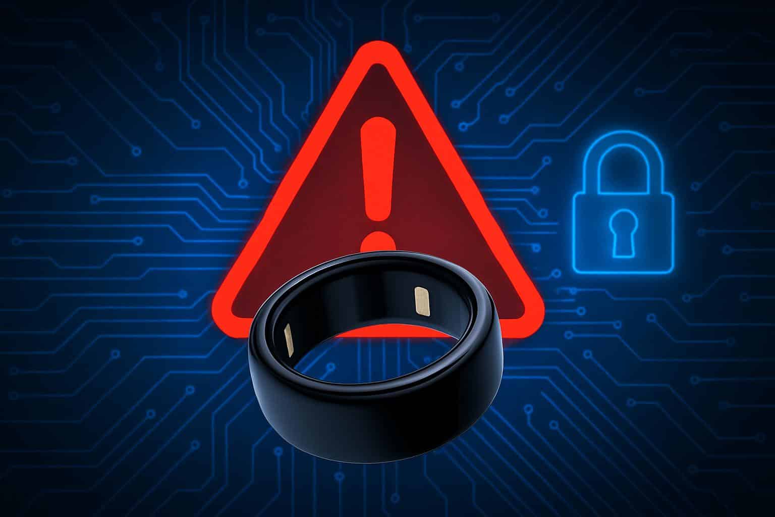 Samsung Galaxy Ring with warning icon highlighting smart ring security vulnerability