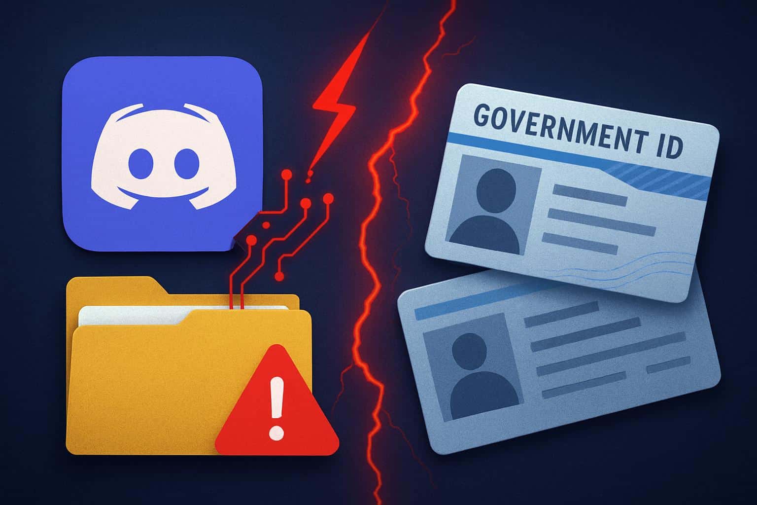 Discord logo amid data breach graphics, warning of exposed government IDs