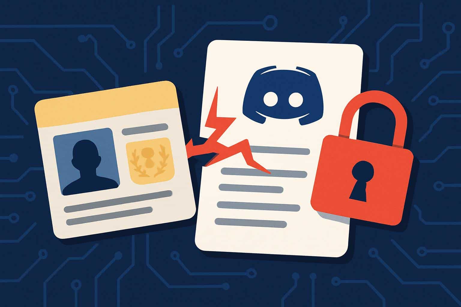 Discord logo with warning sign over government ID cards, data breach risk