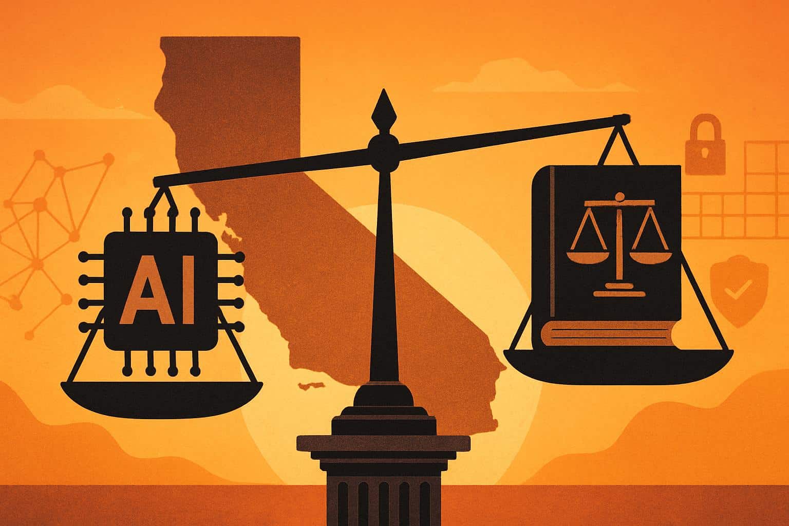 Scales and circuitry symbolizing California's balanced AI safety law