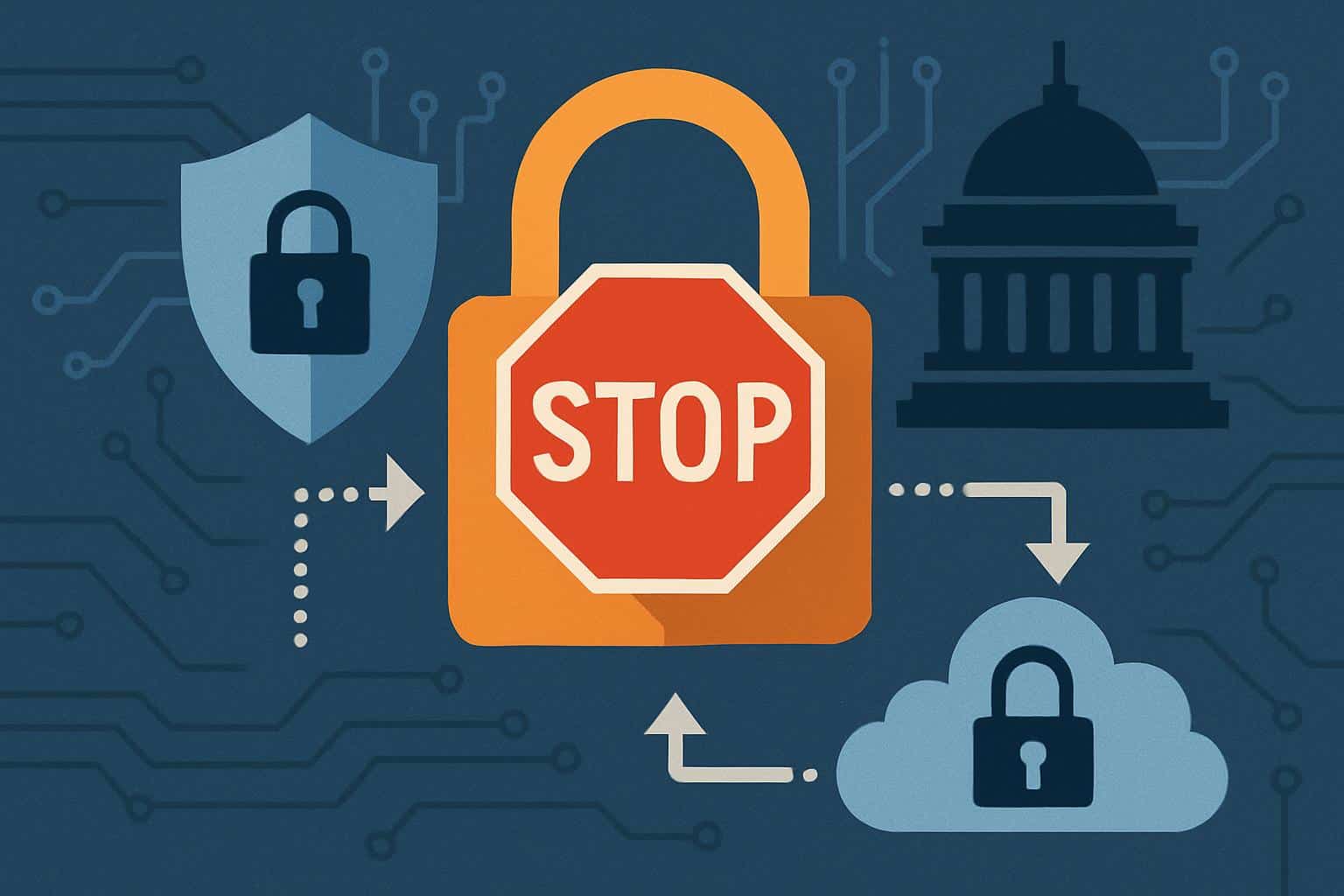 Capitol with digital lock overlay, symbolizing shutdown slowing federal cybersecurity data sharing