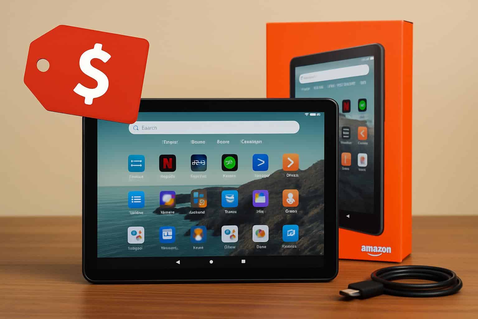 Amazon Fire HD 10 tablet with 50% off sale banner