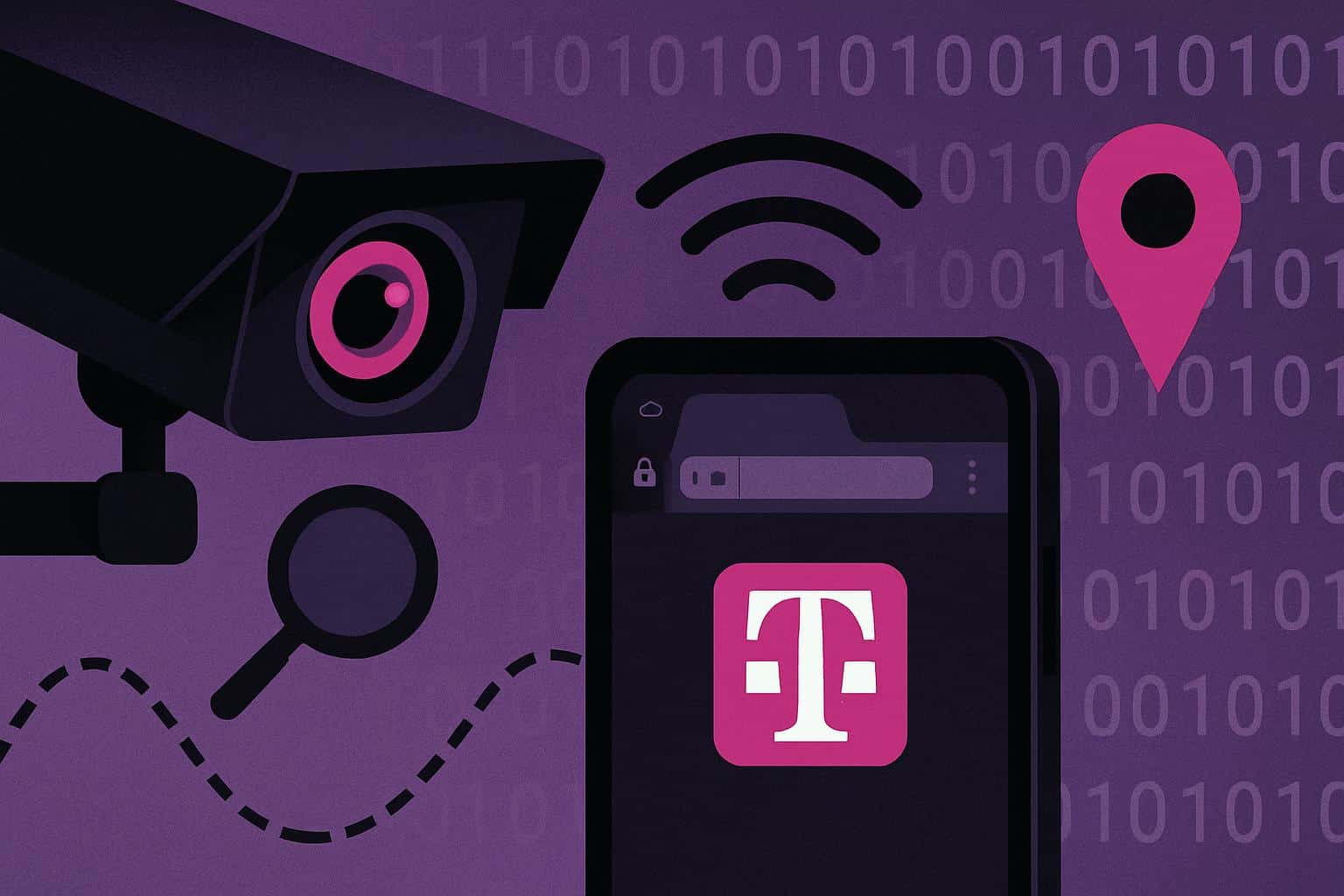 T-Mobile smartphone with location pins and tracking icons, raising privacy concerns about carriers